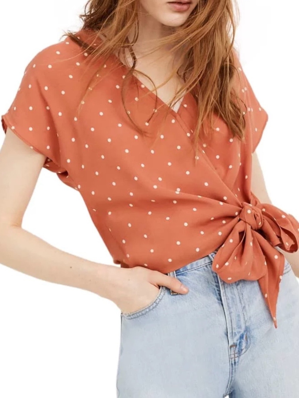 Madewell - Polka Dot Tie-Front Short Sleeve Top - Rust